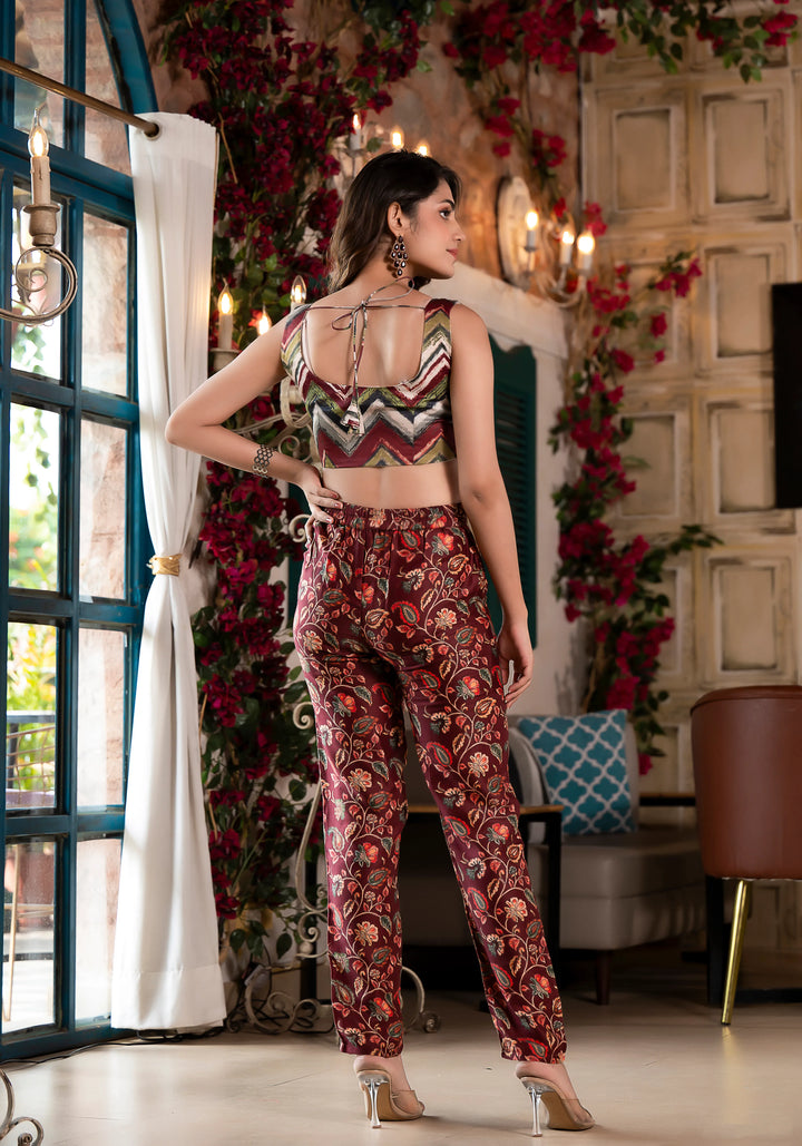 Maroon Jam Satin Co-Ord Suit | Designer Printed Top, Bottom & Jacket