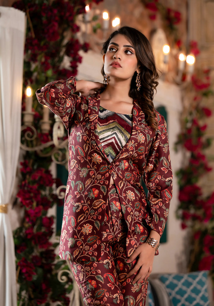 Maroon Jam Satin Co-Ord Suit | Designer Printed Top, Bottom & Jacket