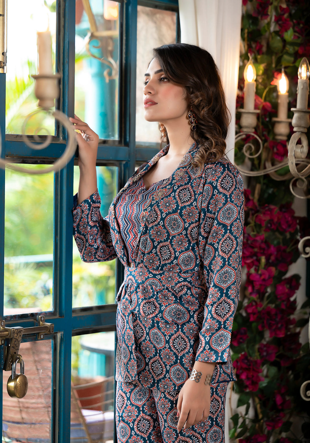 Maroon Jam Satin Co-Ord Suit | Designer Printed Top, Bottom & Jacket