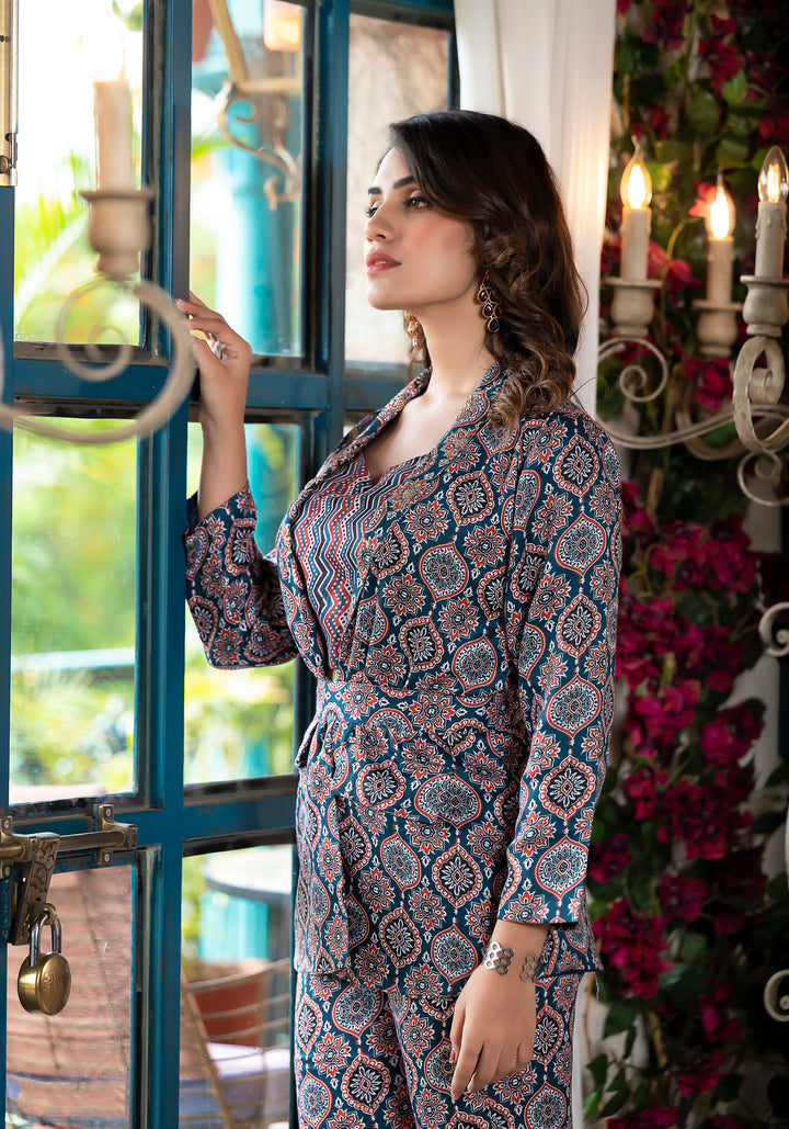 Maroon Jam Satin Co-Ord Suit | Designer Printed Top, Bottom & Jacket