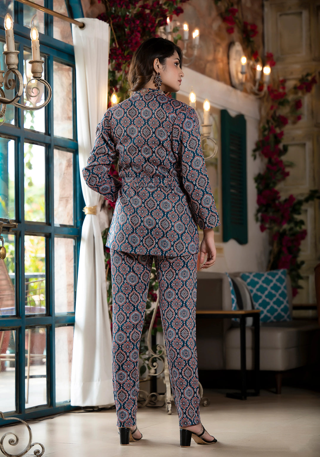 Maroon Jam Satin Co-Ord Suit | Designer Printed Top, Bottom & Jacket