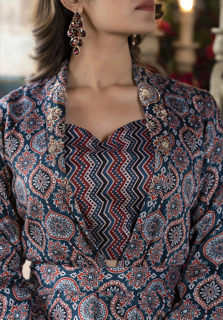 Maroon Jam Satin Co-Ord Suit | Designer Printed Top, Bottom & Jacket