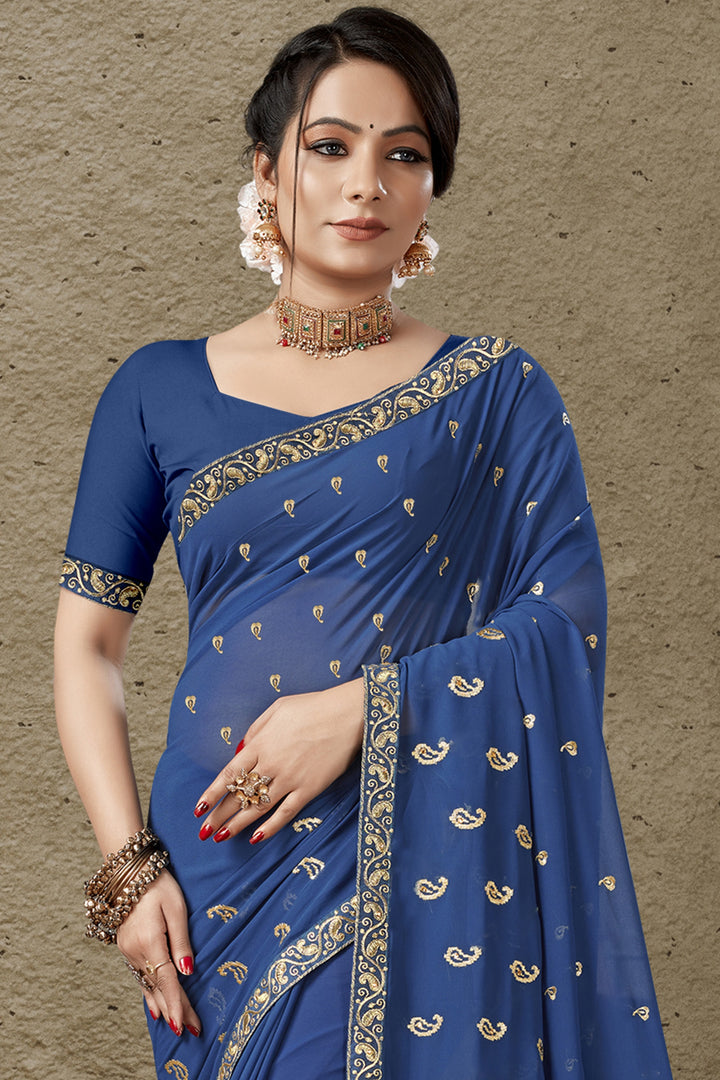 Georgette Saree with Art-Silk Blouse | Blooming Color Jari Embroidery