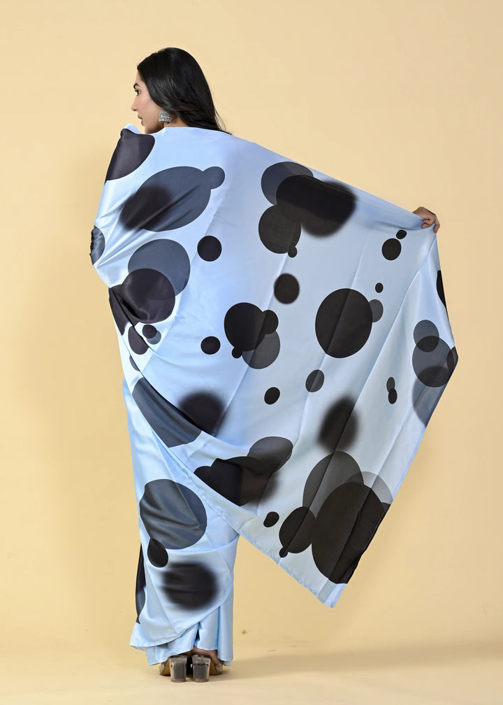 Designer Sky-Blue Satin-Silk Saree | Digital Printed Silk Blouse