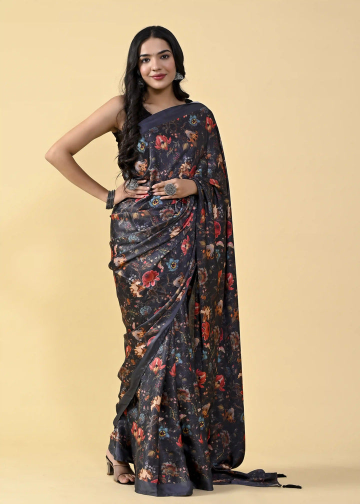 Designer Satin-Silk Saree | Wedding Ready With Digital Print & Silk Blouse