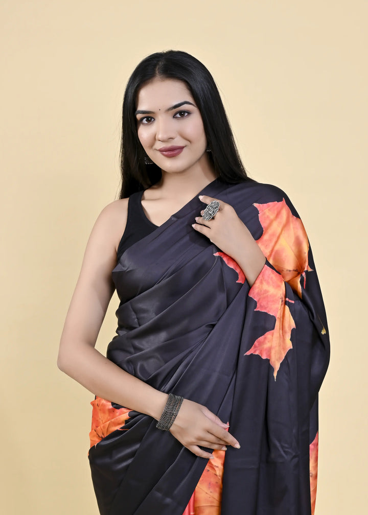 Digital Navy Printed Satin-Silk Saree | Designer Wedding & Party Wear