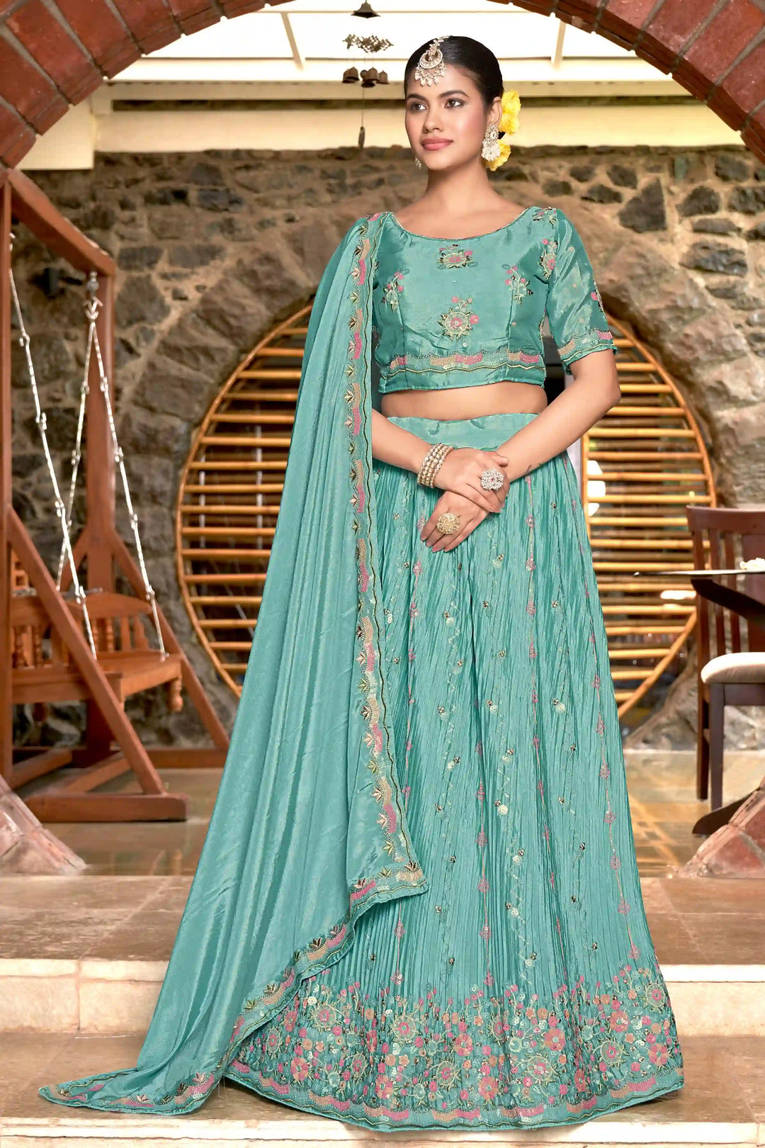 Chinon Lehenga Choli | Crushed Dupatta with Thread & Sequins Embroidery