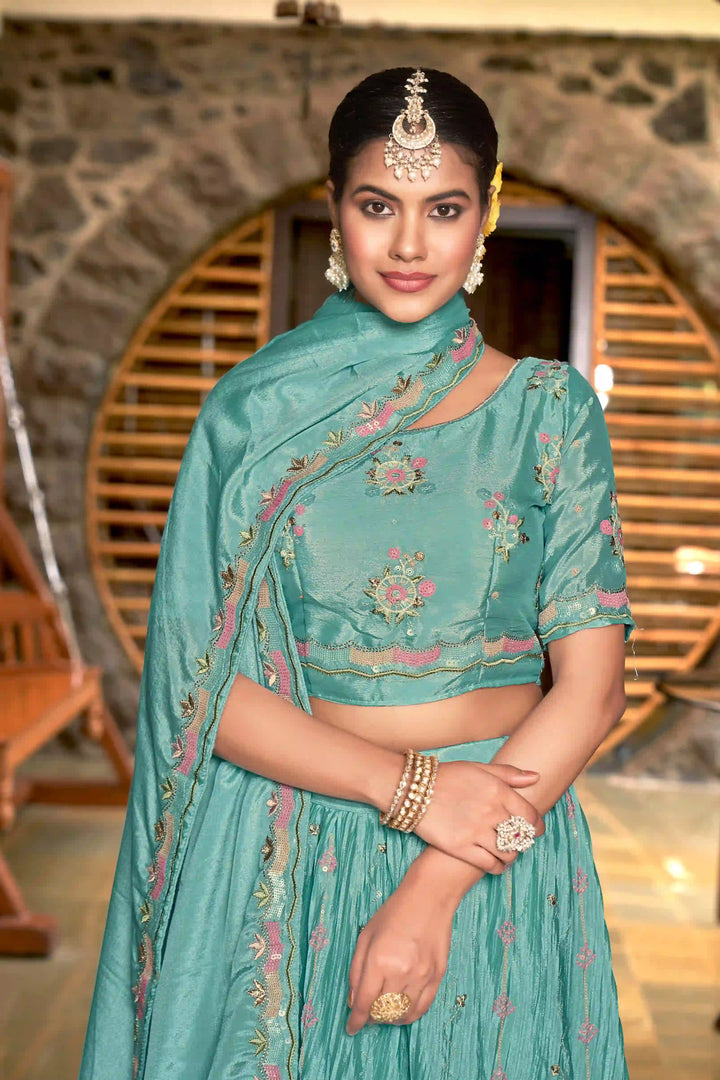 Chinon Lehenga Choli | Crushed Dupatta with Thread & Sequins Embroidery