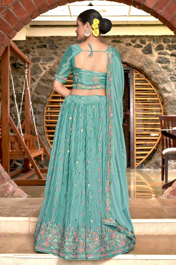 Chinon Lehenga Choli | Crushed Dupatta with Thread & Sequins Embroidery