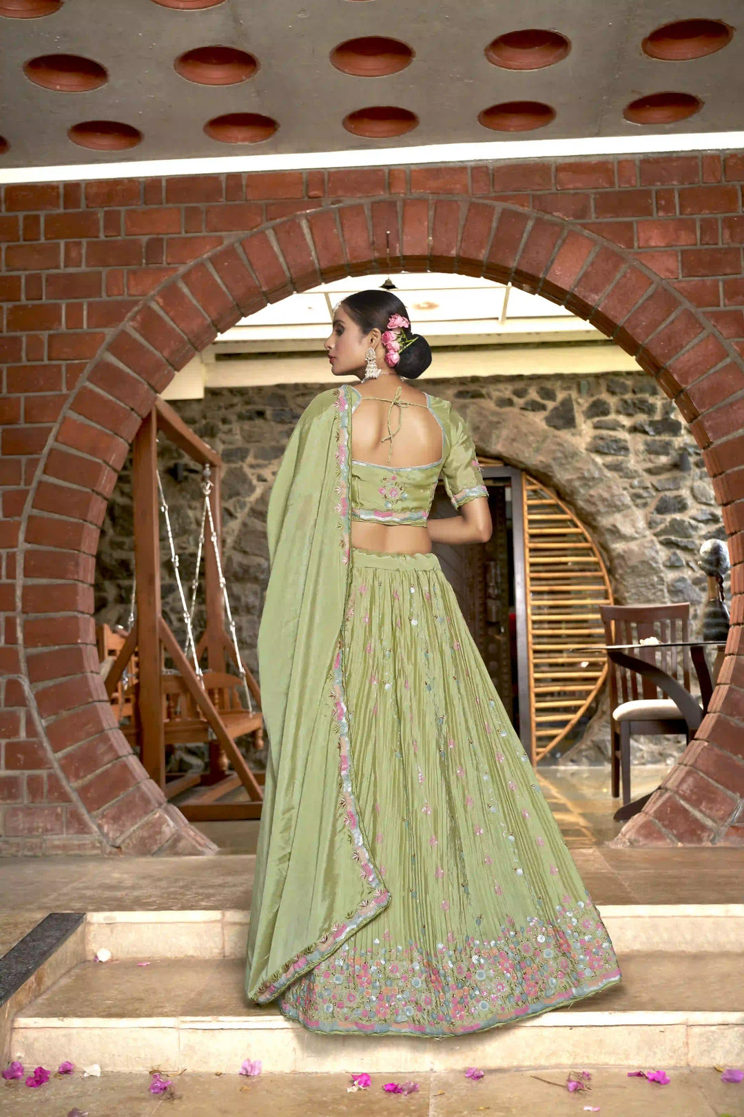 Chinon Lehenga Choli | Crushed Dupatta with Thread & Sequins Embroidery