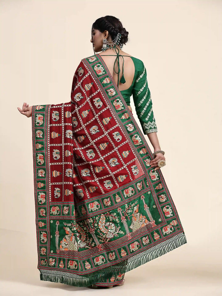 Elegant Vichitra-Silk Saree | Heavy-Embroidery & Diamond-Work Wedding Wear