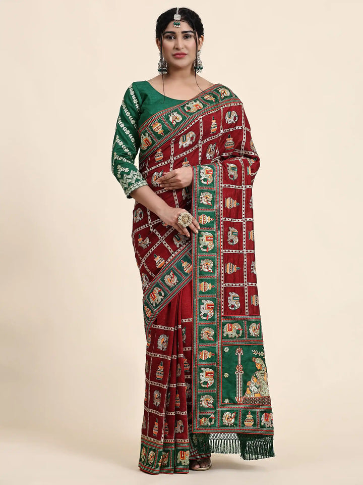 Elegant Vichitra-Silk Saree | Heavy-Embroidery & Diamond-Work Wedding Wear