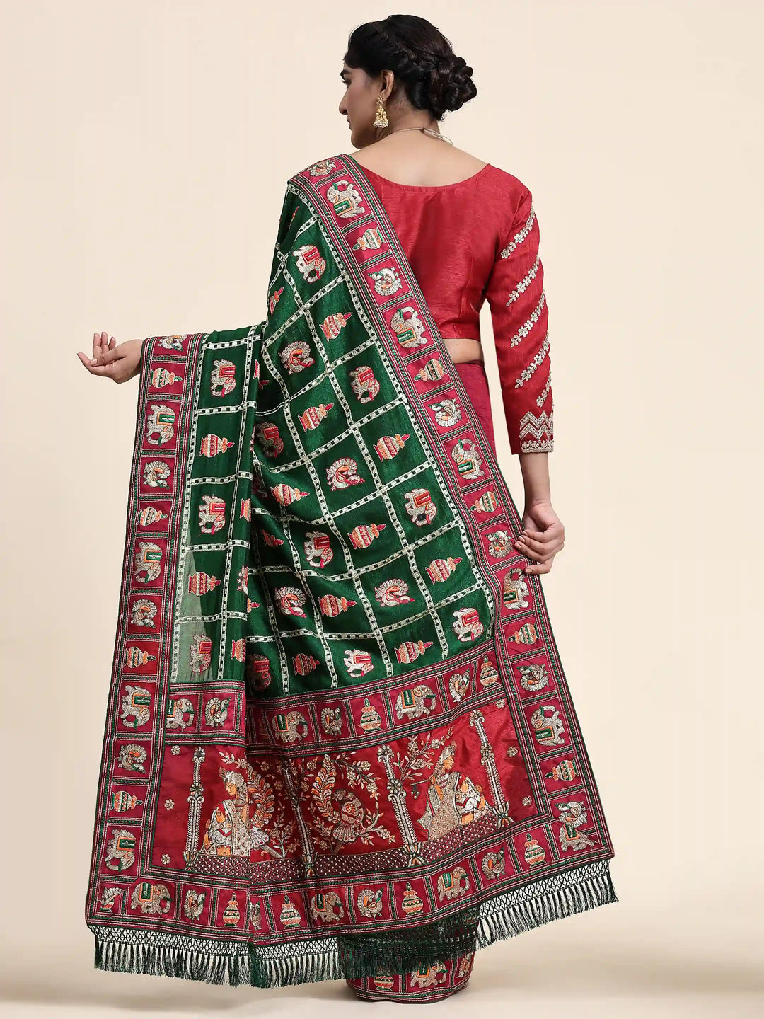 Elegant Vichitra-Silk Saree | Heavy-Embroidery & Diamond-Work Wedding Wear