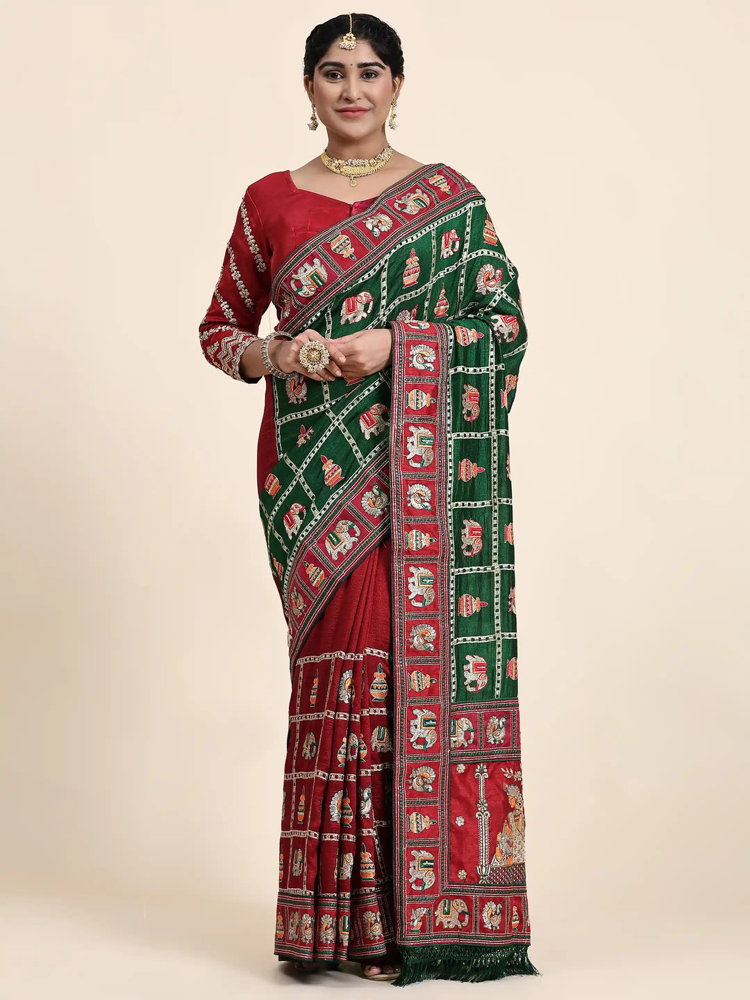 Elegant Vichitra-Silk Saree | Heavy-Embroidery & Diamond-Work Wedding Wear