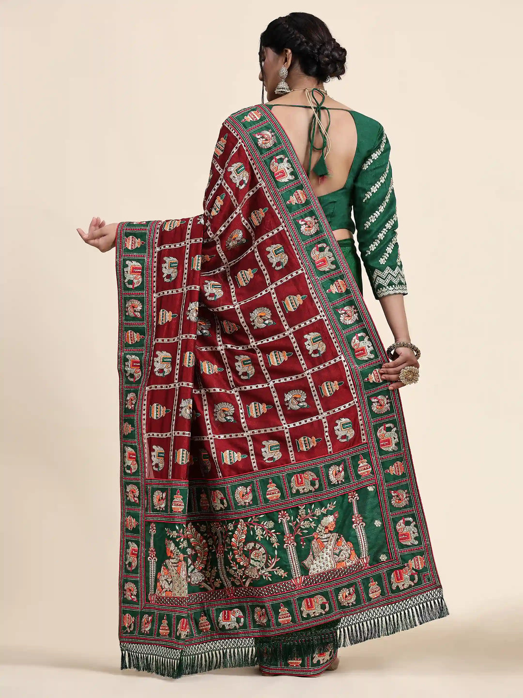 Elegant Vichitra-Silk Saree | Heavy-Embroidery & Diamond-Work Wedding Wear