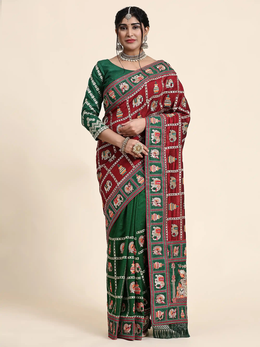 Elegant Vichitra-Silk Saree | Heavy-Embroidery & Diamond-Work Wedding Wear