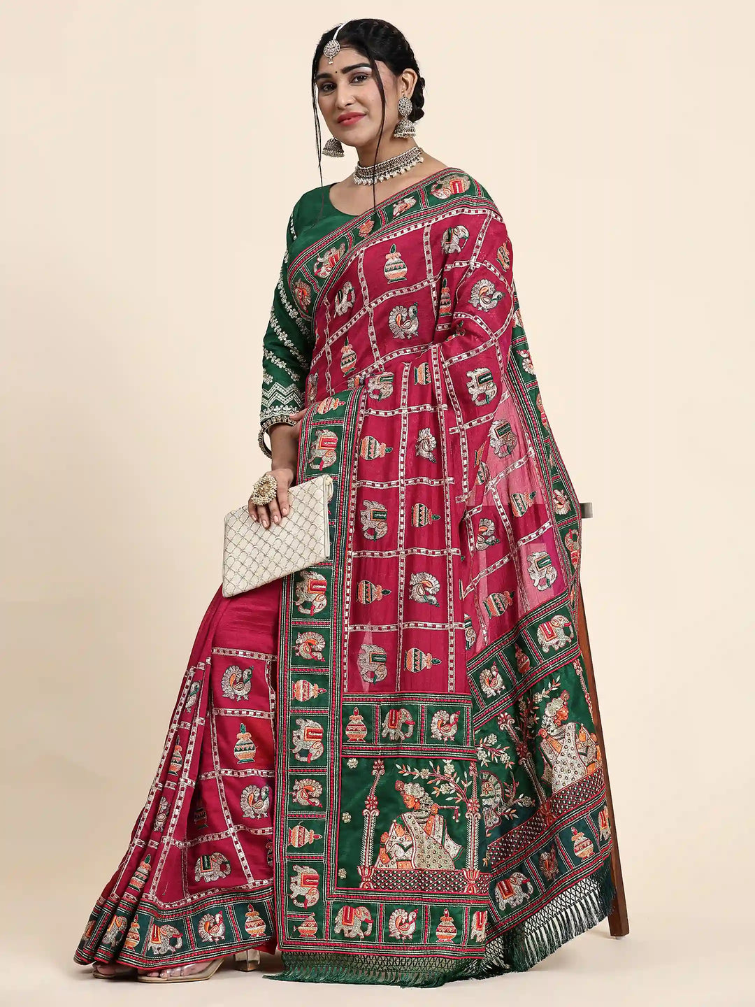 Elegant Vichitra-Silk Saree | Heavy-Embroidery & Diamond-Work Wedding Wear