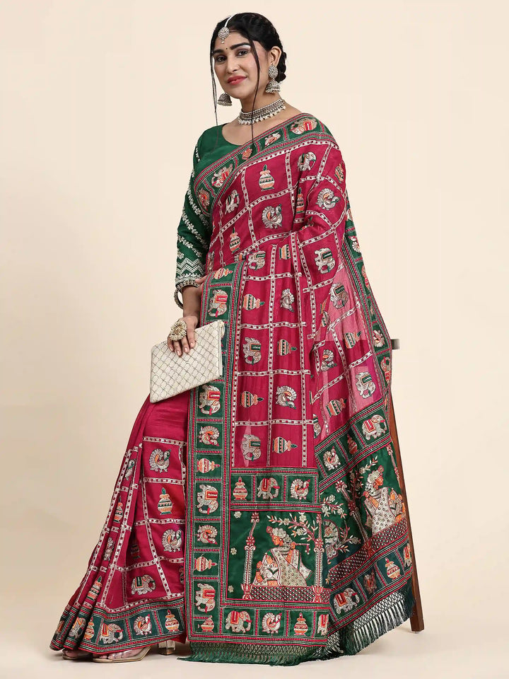 Elegant Vichitra-Silk Saree | Heavy-Embroidery & Diamond-Work Wedding Wear