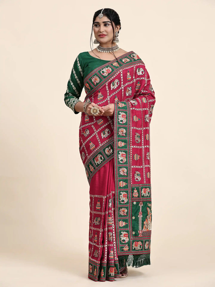 Elegant Vichitra-Silk Saree | Heavy-Embroidery & Diamond-Work Wedding Wear