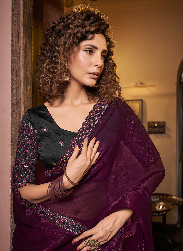 Elegant Sitara-Chiffon Saree | Embroidered Design with Art-Silk Blouse Included