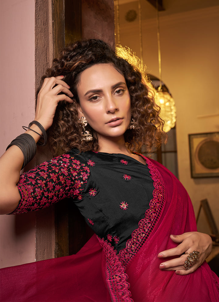 Elegant Sitara-Chiffon Saree | Embroidered Design with Art-Silk Blouse Included