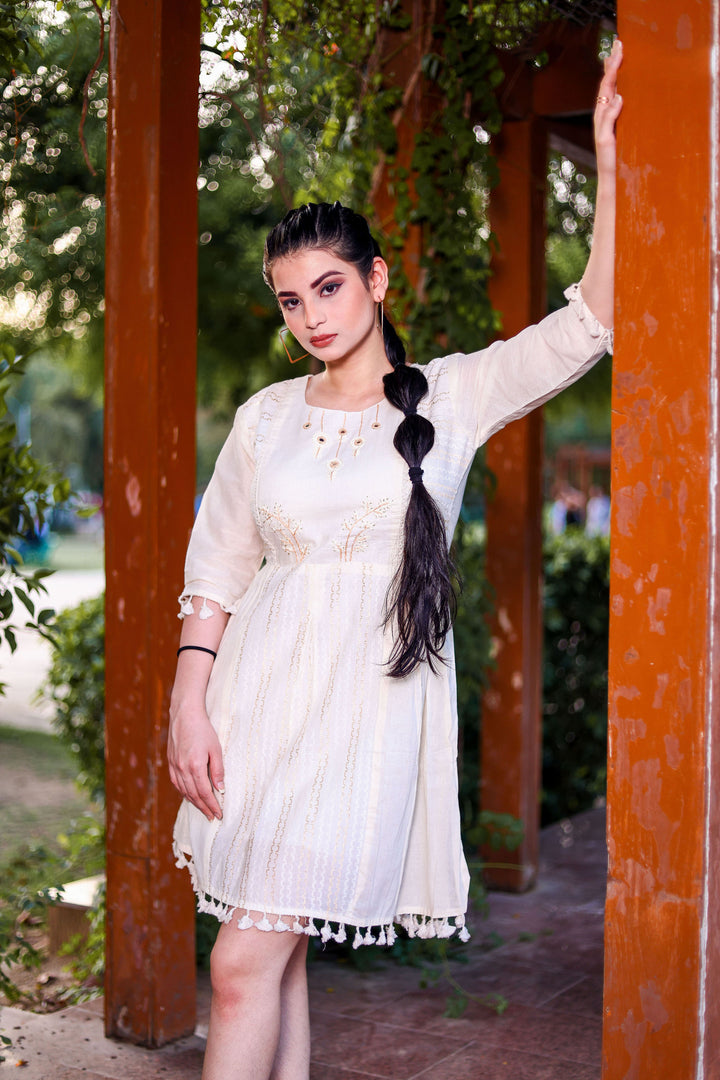 Off-White Khadi Cotton Long Kurti | Multi-Thread Hand Embroidery