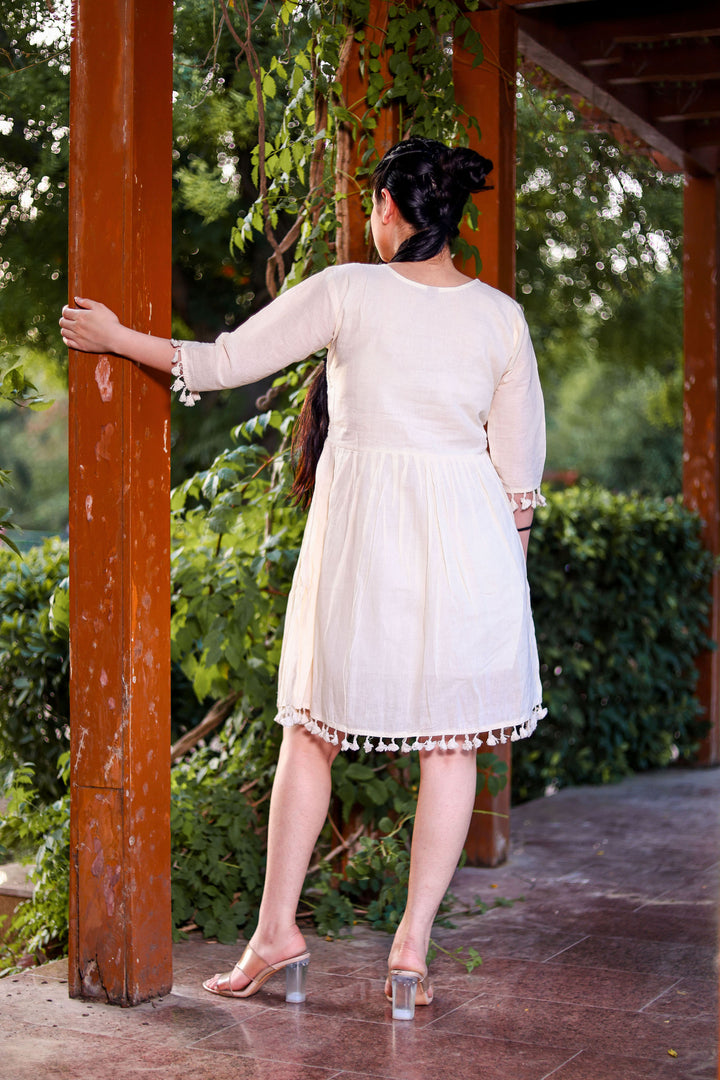 Off-White Khadi Cotton Long Kurti | Multi-Thread Hand Embroidery