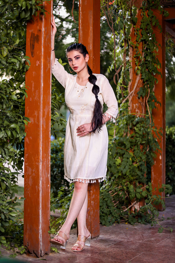Off-White Khadi Cotton Long Kurti | Multi-Thread Hand Embroidery