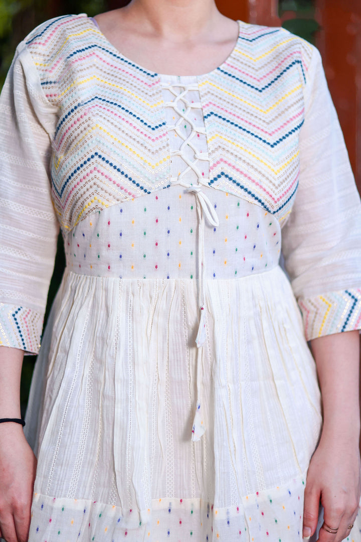Designer Off-White Hand Work Kurti | Comfortable Khadi Cotton