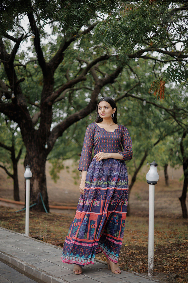 Elegant Blue Chanderi Long Kurti | Digital Printed Designer Wear