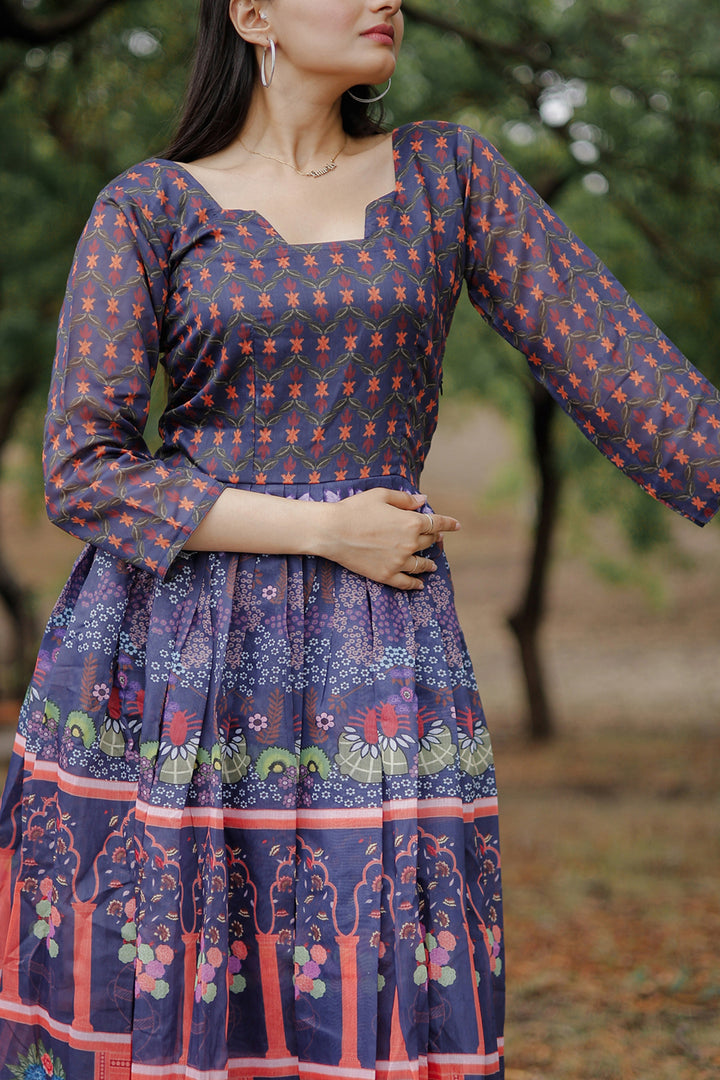 Elegant Blue Chanderi Long Kurti | Digital Printed Designer Wear
