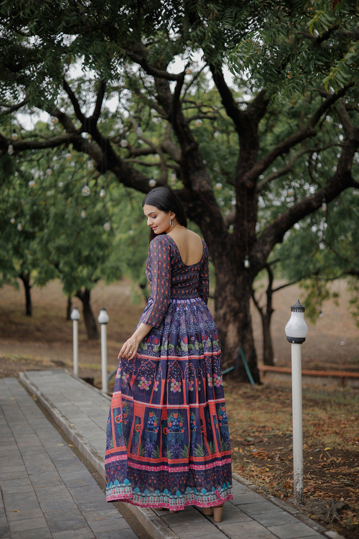 Elegant Blue Chanderi Long Kurti | Digital Printed Designer Wear