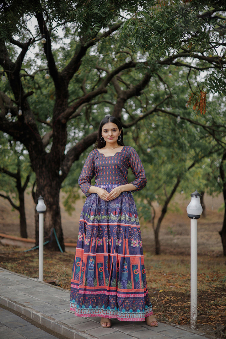 Elegant Blue Chanderi Long Kurti | Digital Printed Designer Wear