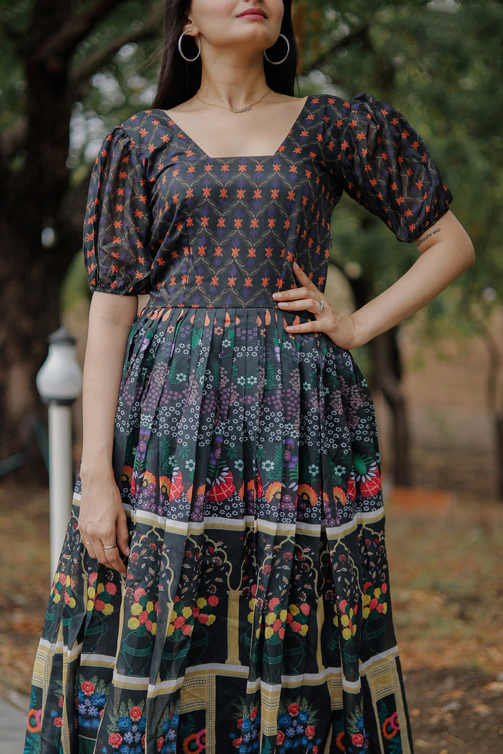 Green Digital Print Long Kurti | Chanderi Fabric & Cotton Inner