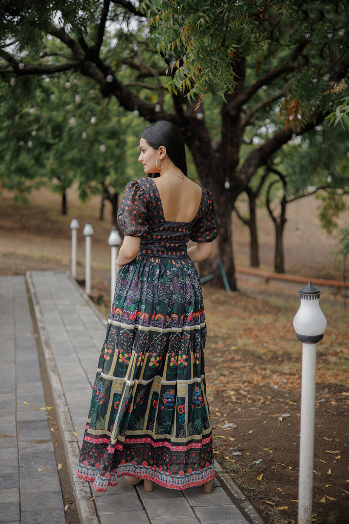 Green Digital Print Long Kurti | Chanderi Fabric & Cotton Inner