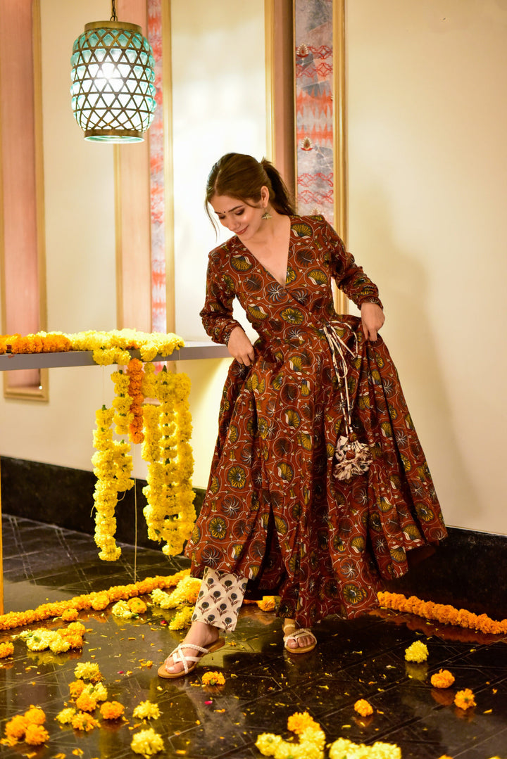 Stylish Brown Digital Printed Cotton Silk Set | Designer Kurti with Matching Pant