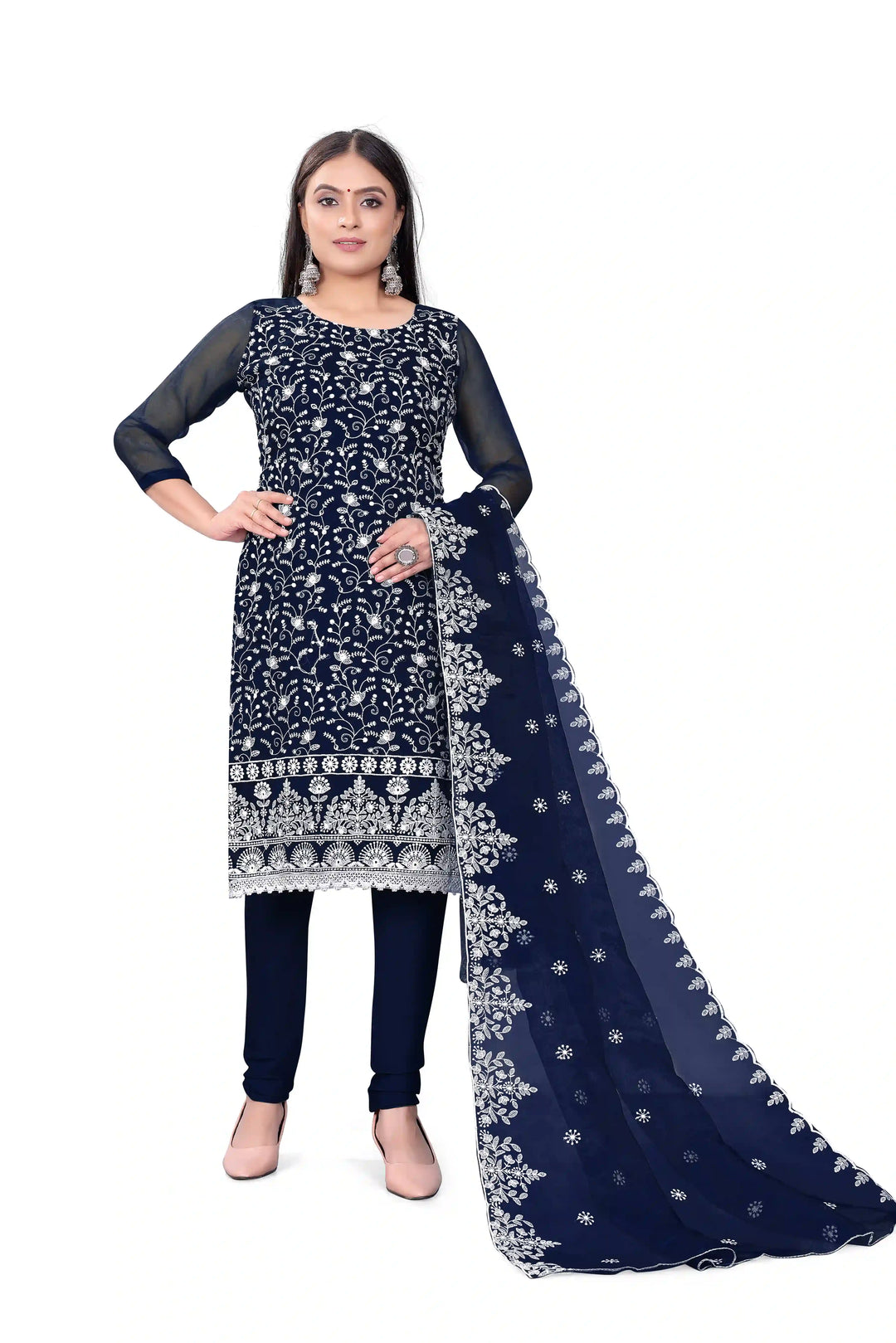 Designer Embroidery Work Kurtis Set | Organza Top & Micro-Cotton Bottom