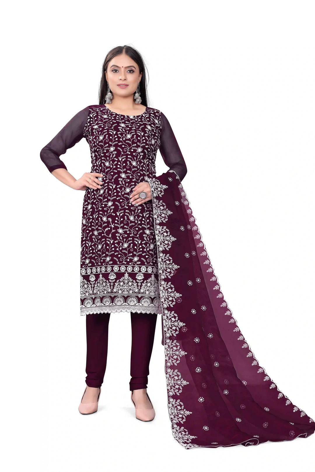 Designer Embroidery Work Kurtis Set | Organza Top & Micro-Cotton Bottom