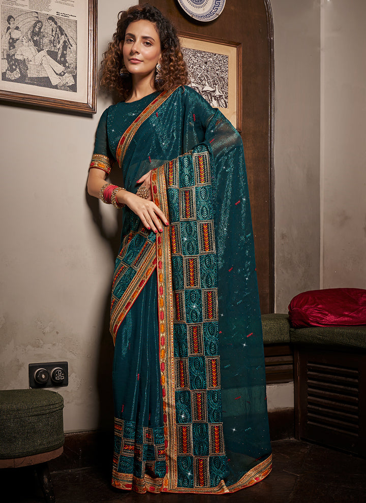 Chiffon Saree with Blooming-Color Embroidery & Swarovski Work | Traditional & Festive Wear