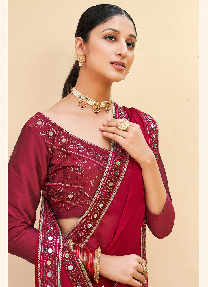 Partywear Red Saree | Blooming Color Satin Chiffon with Mirror Embroidery