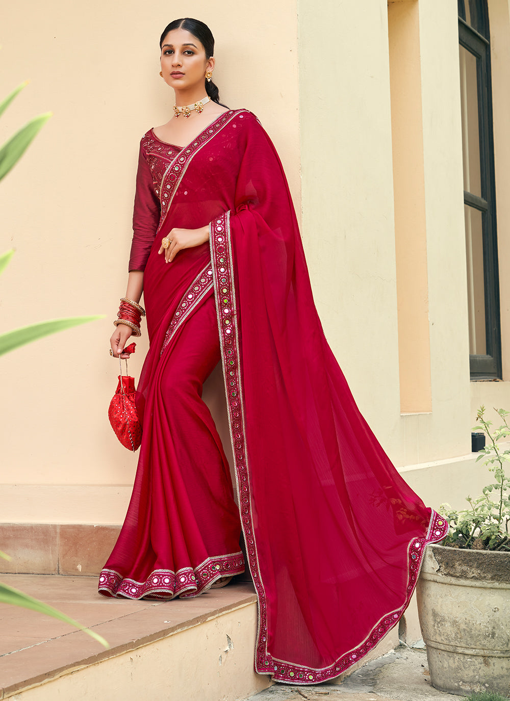Partywear Red Saree | Blooming Color Satin Chiffon with Mirror Embroidery
