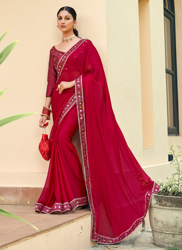 Partywear Red Saree | Blooming Color Satin Chiffon with Mirror Embroidery