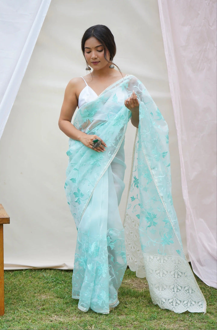 Designer Organza Saree with Art-Silk Blouse | Elegant Thread Embroidery for Special Events