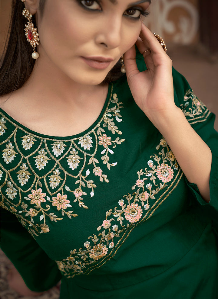 Long Green Muslin Gown | Designer Thread Embroidery for Special Events