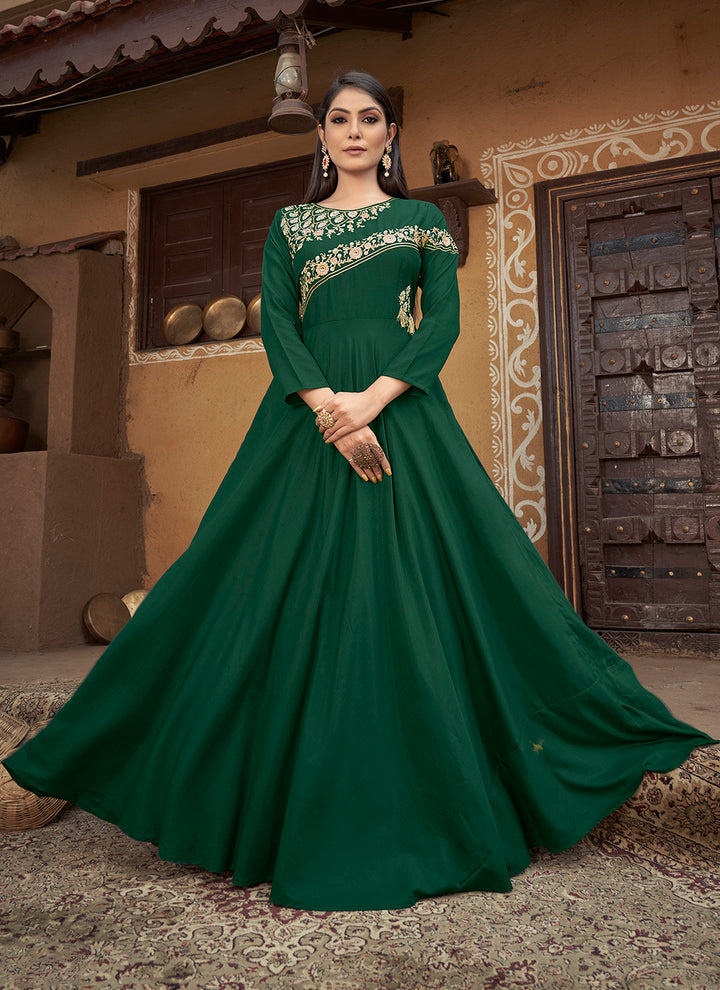 Long Green Muslin Gown | Designer Thread Embroidery for Special Events
