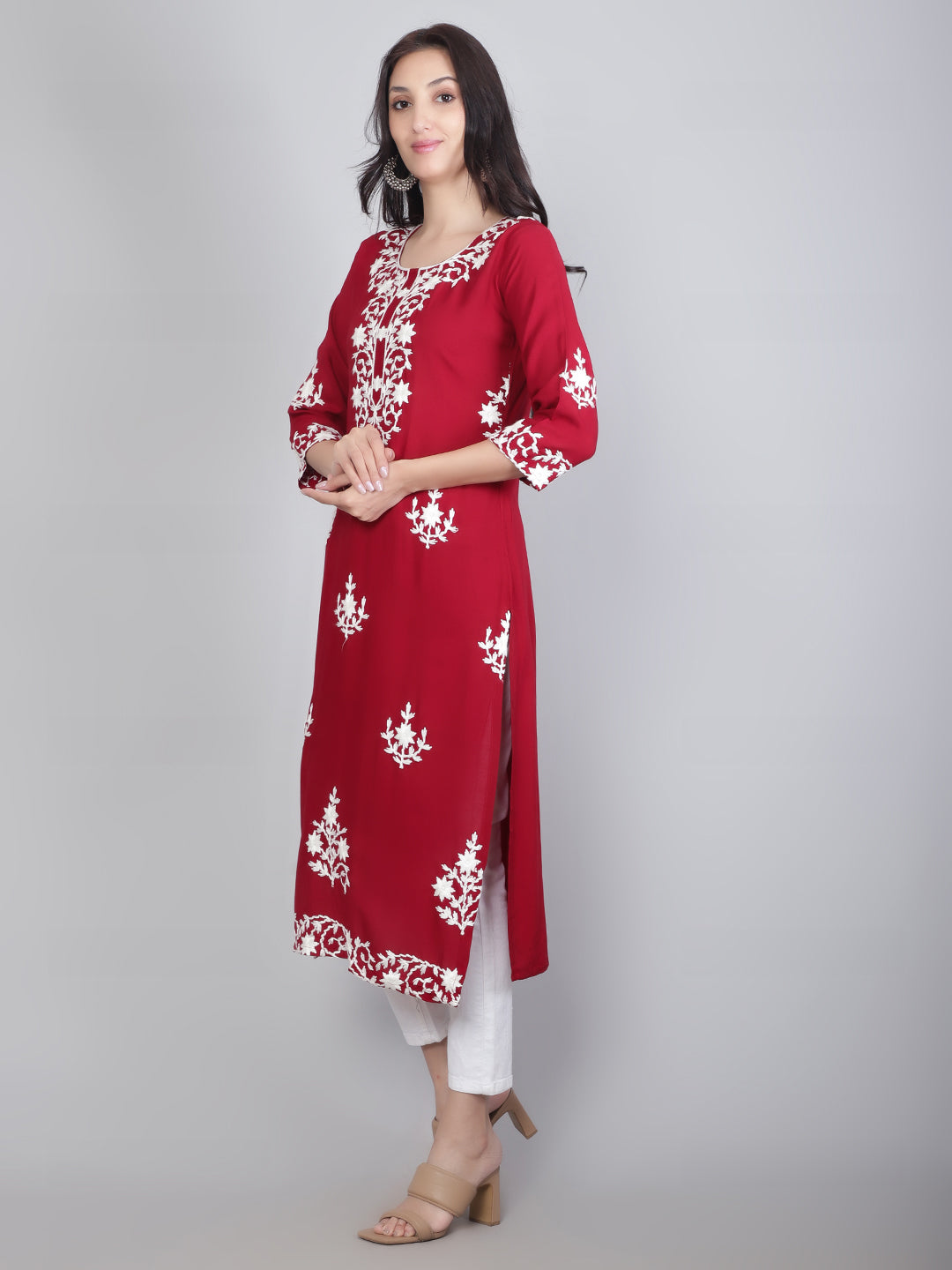 Hand Embroidered Lucknowi Kurti | Elegant Rayon Long Kurta for Women