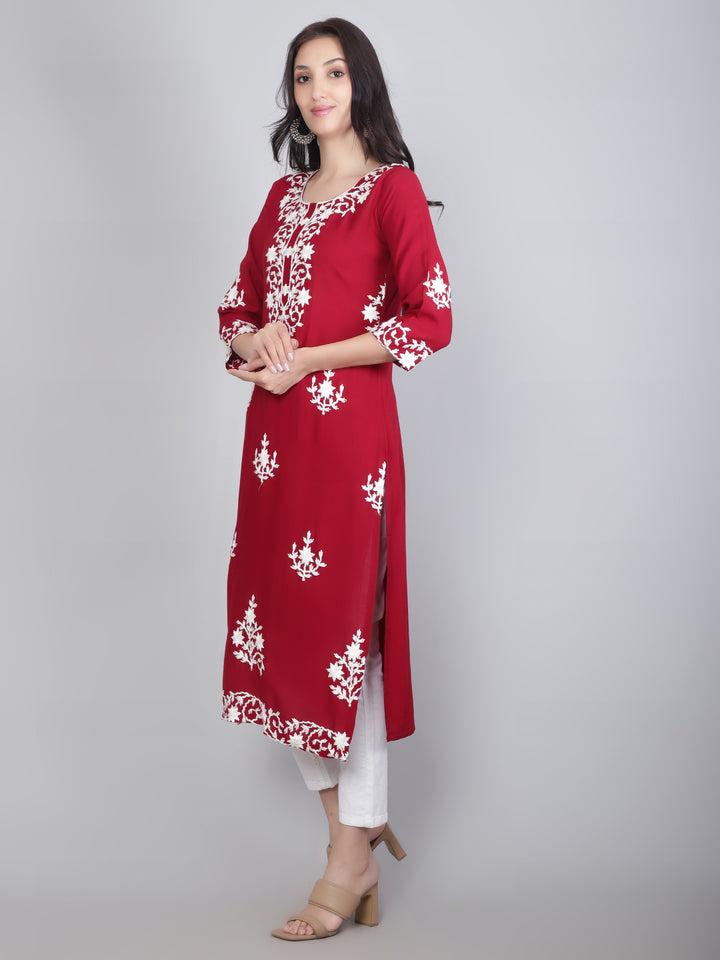 Hand Embroidered Lucknowi Kurti | Elegant Rayon Long Kurta for Women