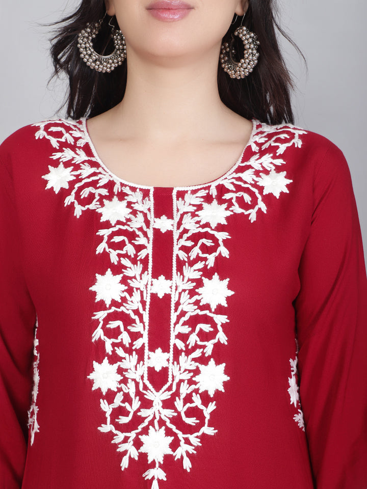Hand Embroidered Lucknowi Kurti | Elegant Rayon Long Kurta for Women