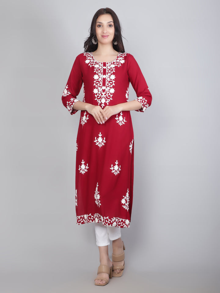 Hand Embroidered Lucknowi Kurti | Elegant Rayon Long Kurta for Women