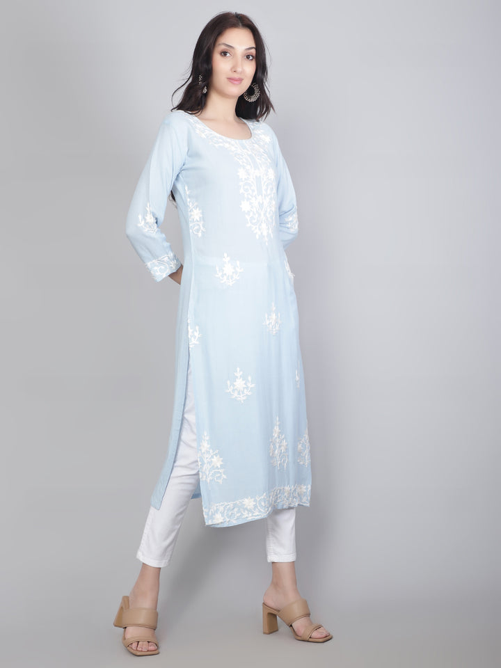 Hand Embroidered Lucknowi Kurti | Elegant Rayon Long Kurta for Women